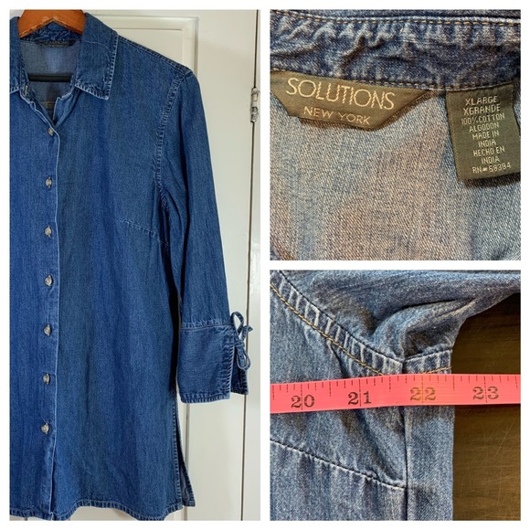 Solutions New York Denim Shirt Tunic XL Tie Sleeve Detail Button‎ Front Western - Picture 1 of 14
